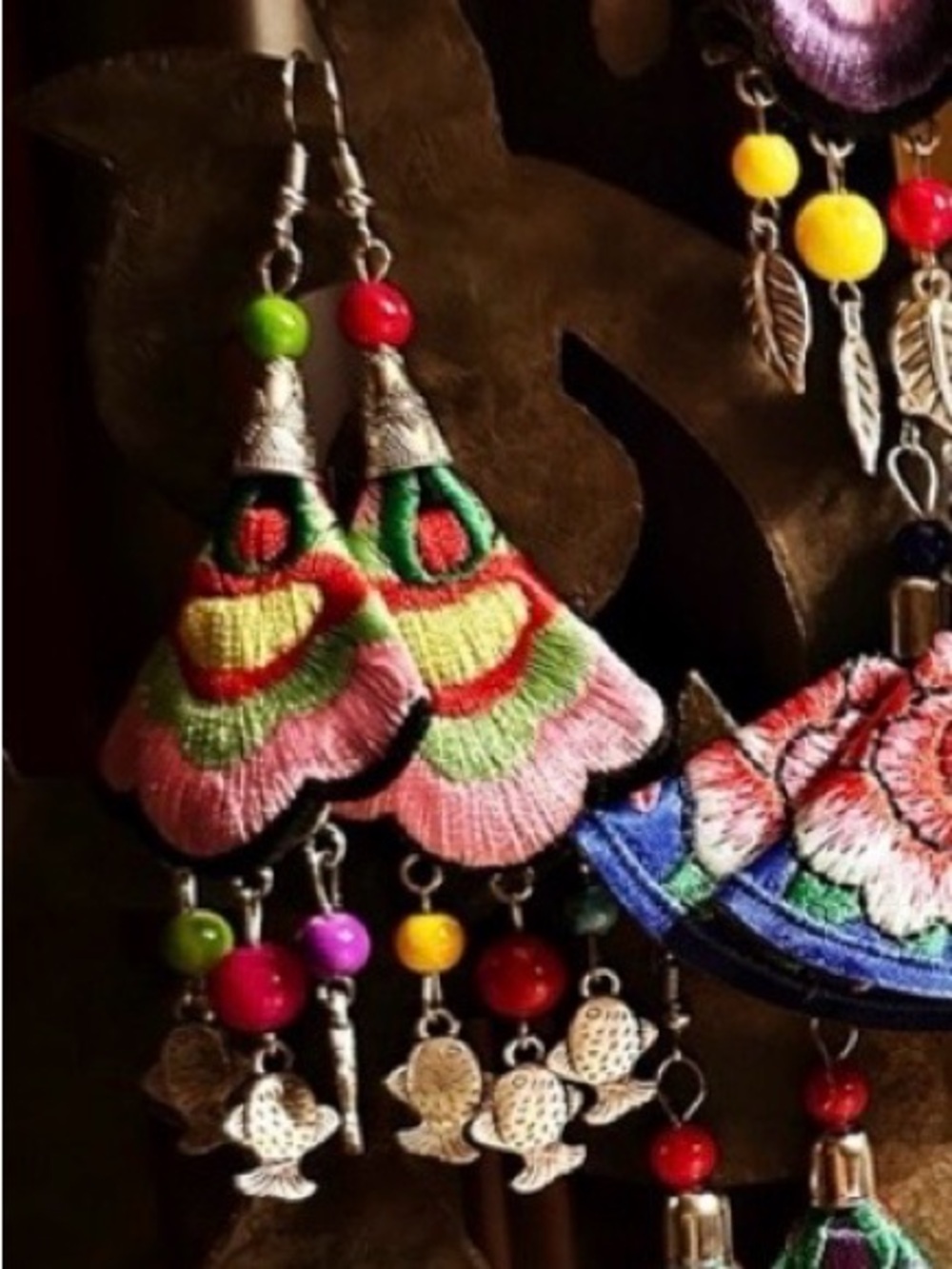 Light Pink, Yellow Embroidered Earrings on silk